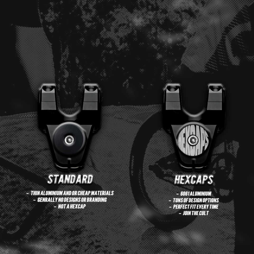 Two types of hex caps on a black background with text labels.