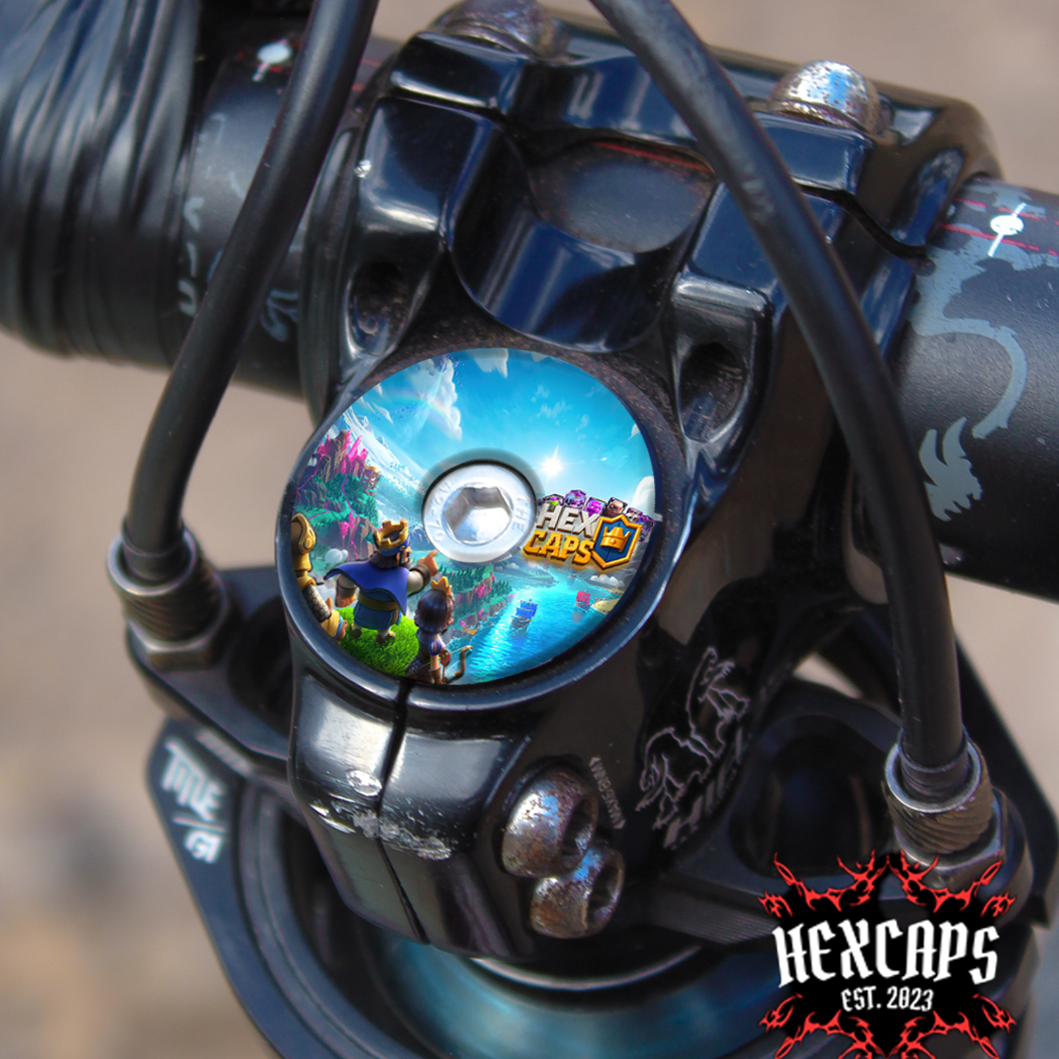Close-up of a mtb handlebar with a HEX CAPS product on a blurred background